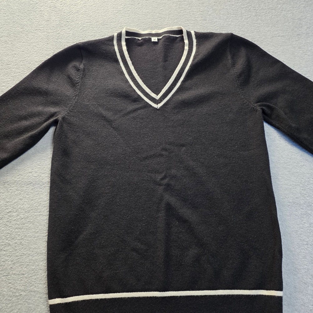 Black V-Neck Mens Medium Varsity Stripe Pullover Sweater White Trim